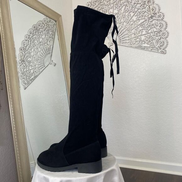 Boho Whimsygoth Faux Suede Black Flat Over The Knee Tassel Boots US 9.5 EU 40 - Picture 2 of 7
